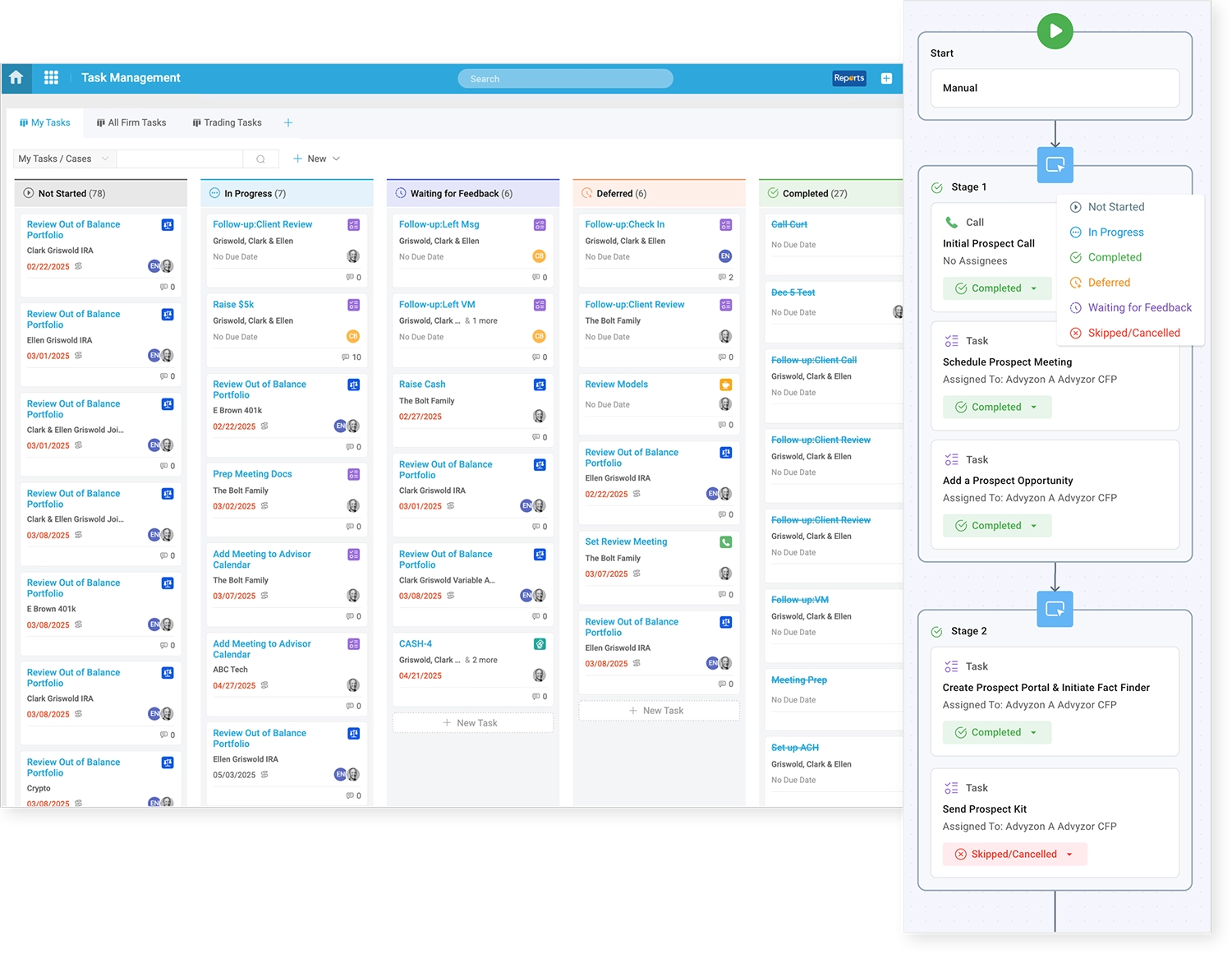 Screenshot of Advyzon's Task Mangement interface.