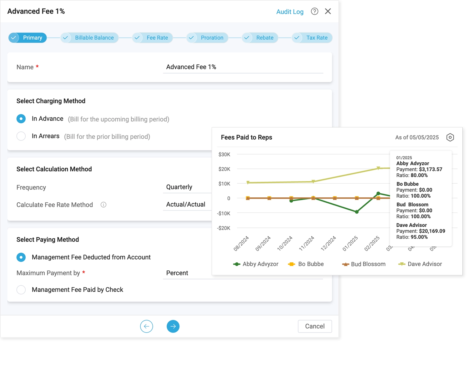 Billing and Fee Management Screenshot of Advyzon's Billing interface.