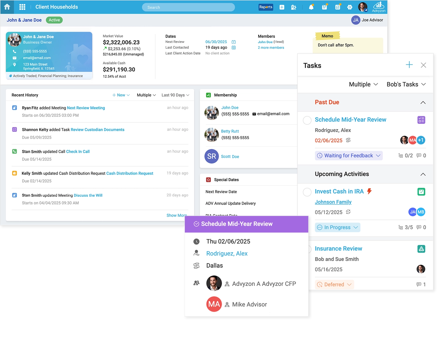 Screenshot of Advyzon's Customer Relationship Management interface.