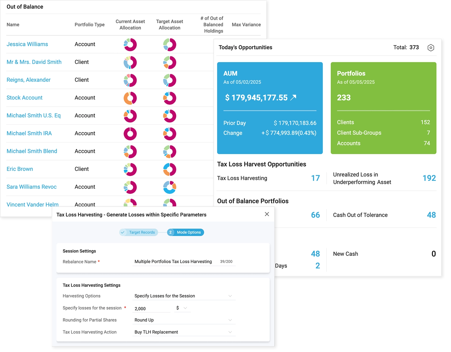 Rebalancing 1 Screenshot of Advyzon's Rebalancing tool and Tax Loss Harvesting interface.